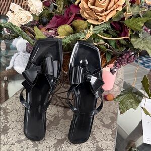 BCBGeneration Black Patent Bow Slide Sandals